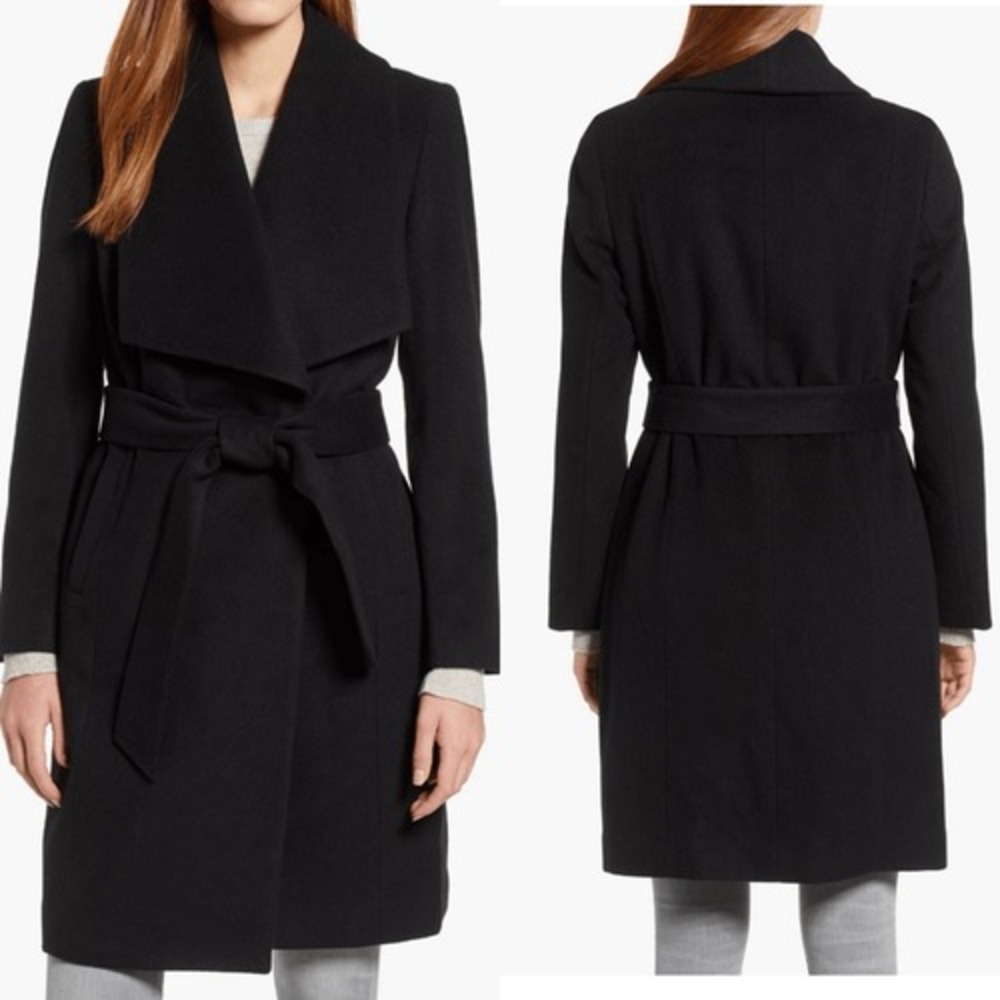 Cole Haan Signature Slick Wool Blend Wrap‎ Shawl Collar Coat, Black, Size 8, NWT